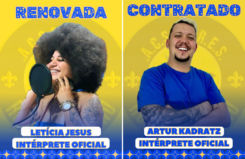 Postagem feita no Instagram da Rosas de Ouro para anunciar Letícia Jesus e Artur Kadratz como intérpretes oficiais da escola no Carnaval de Vitória 2026