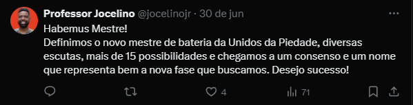 Presidente Jocelino sobre o novo mestre de bateria da Unidos da Piedade.