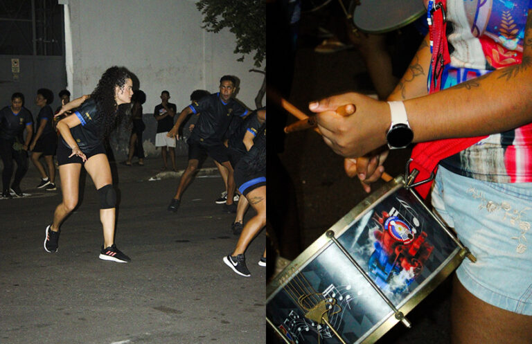 Comissão de frente e bateria Locomotiva da Consolação, no ensaio de rua do Pega no Samba
