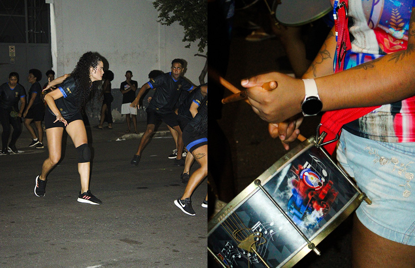 Comissão de frente e bateria Locomotiva da Consolação, no ensaio de rua do Pega no Samba