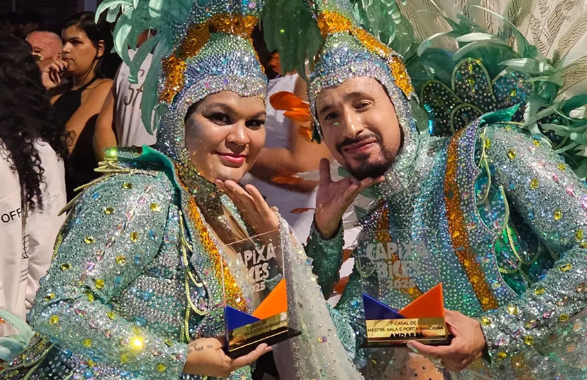 Weskley Blank e Alana Marques, casal de mestre-sala e porta-bandeira da Novo Império