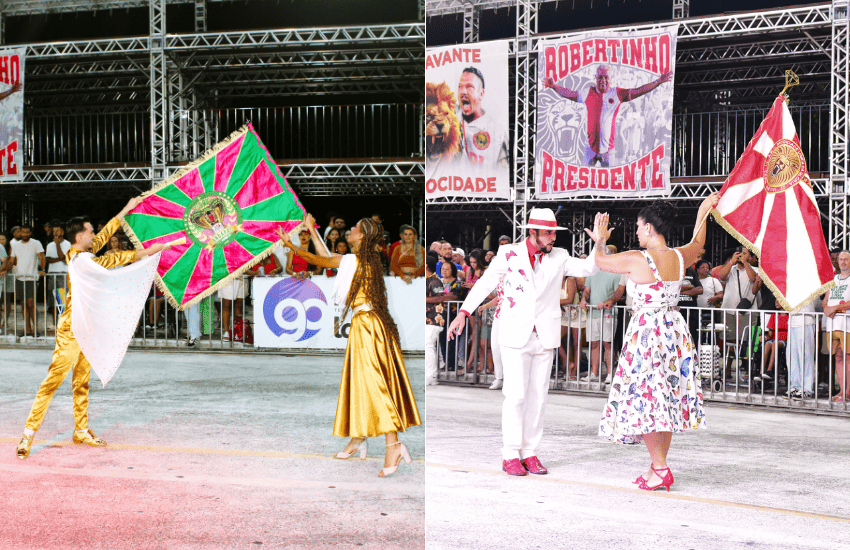 Casais de mestre-sala e porta-bandeira da Andaraí e Mocidade Unida da Glória (MUG)