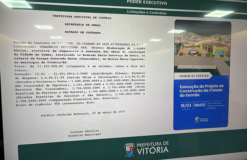Prefeito Lorenzo Pazolini recebeu os sambistas capixabas na sala de reunião para assinatura da ordem de serviço de construção da Ilha do Samba