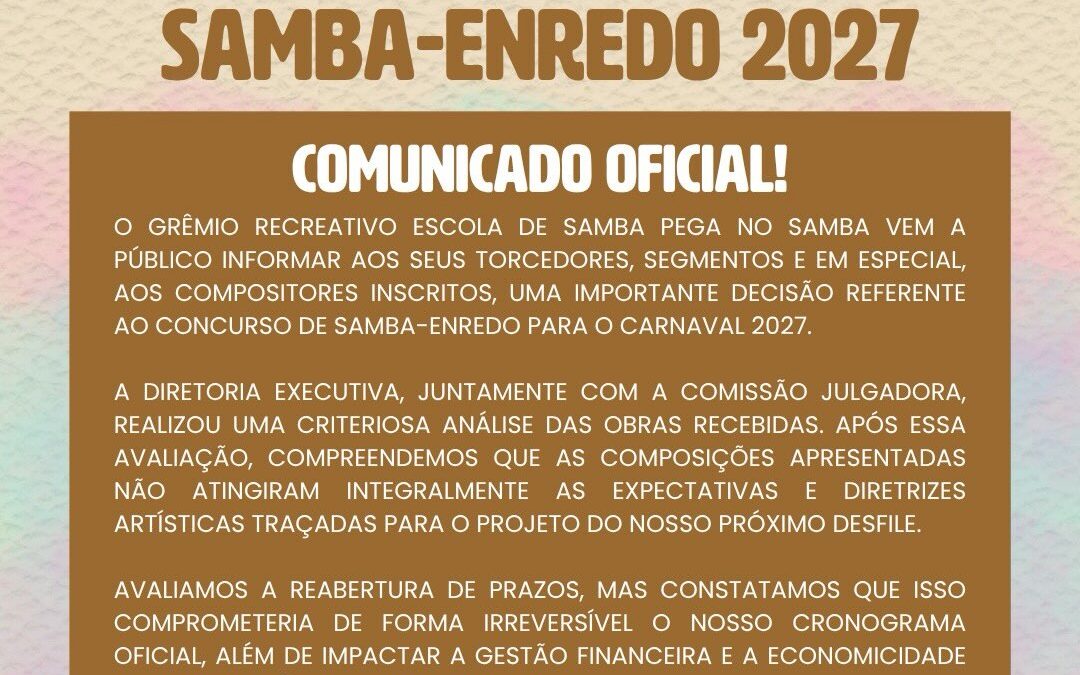 Pega cancela disputa e vai encomendar samba-enredo de 2027