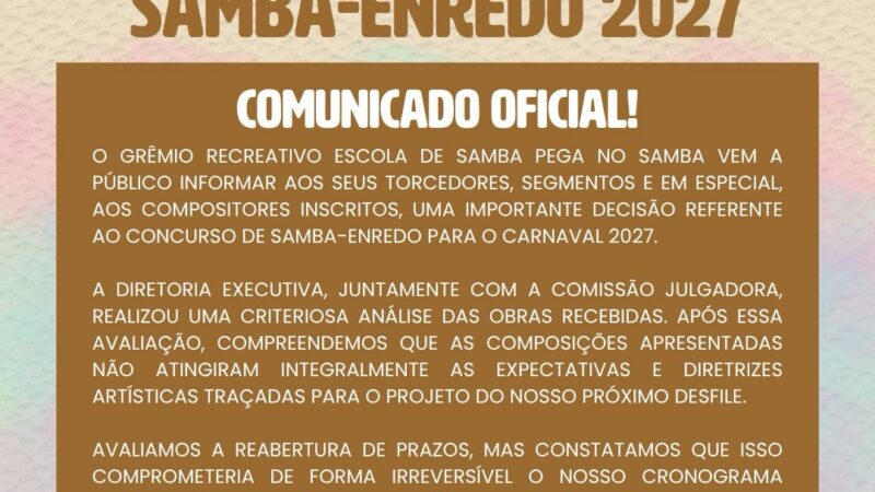 Pega cancela disputa e vai encomendar samba-enredo de 2027