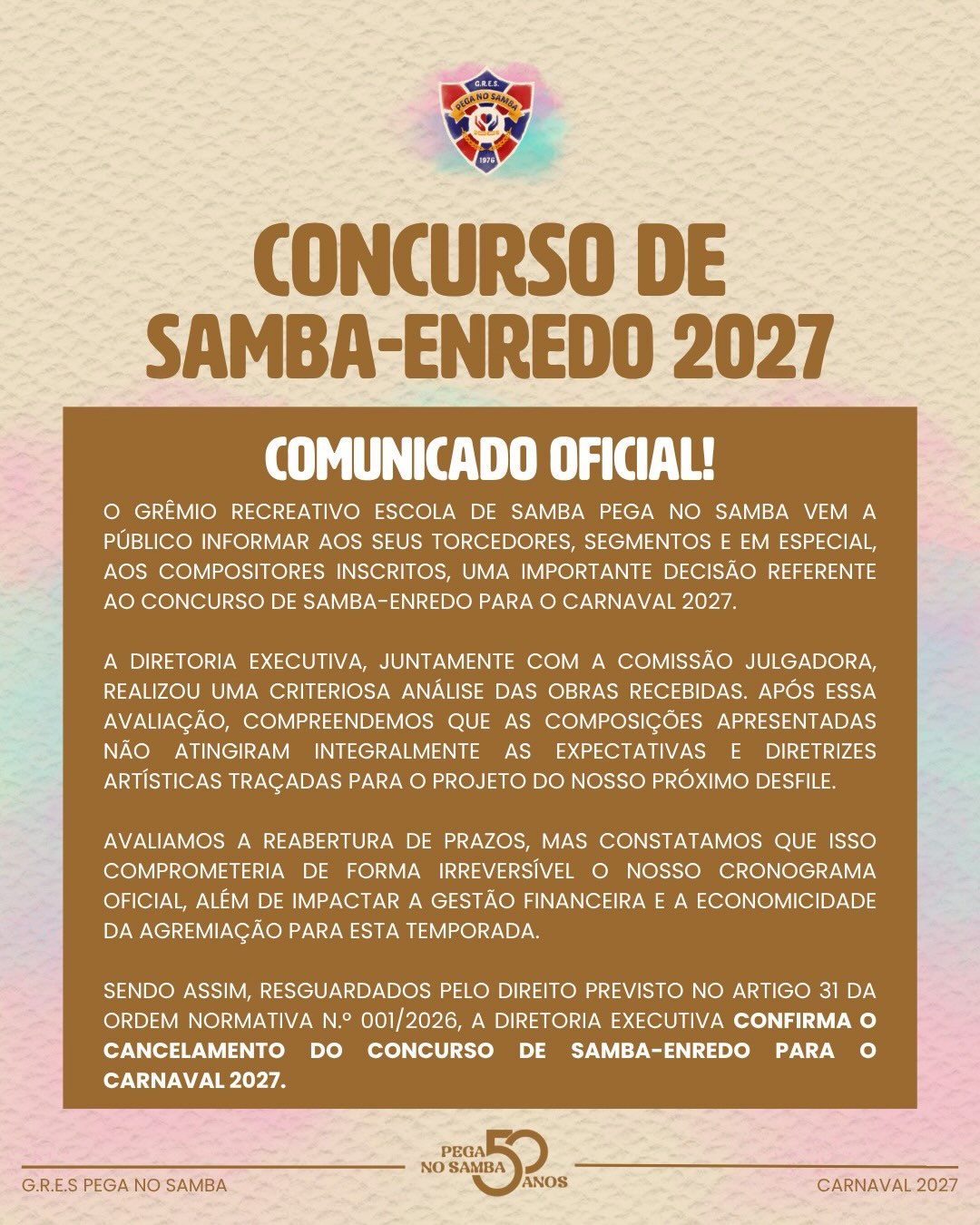 Pega cancela disputa e vai encomendar samba-enredo de 2027
